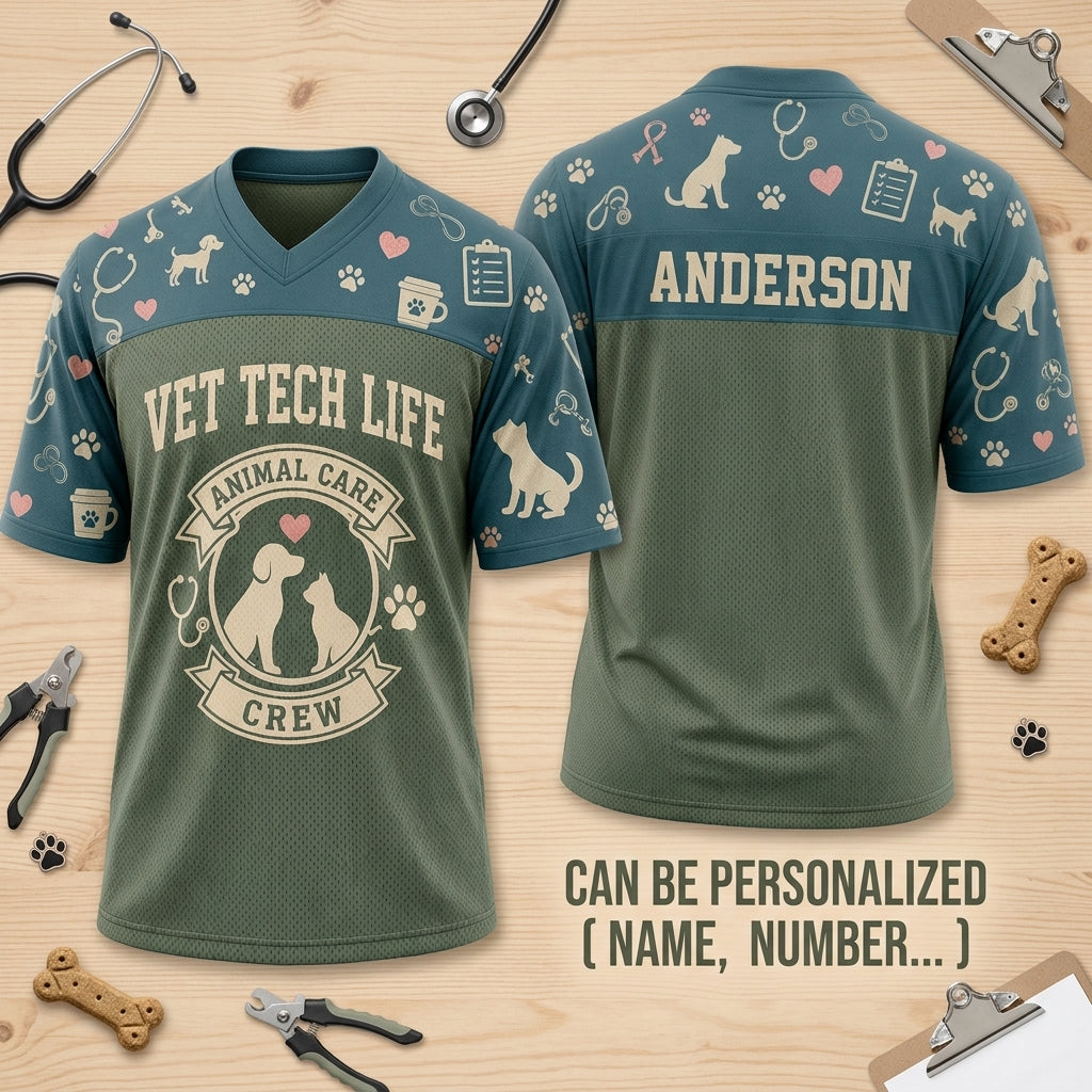 Personalized Vet Tech Life Animal Care Crew Football Jersey - Custom Name Veterinary Professional Gift - football jersey product view 2