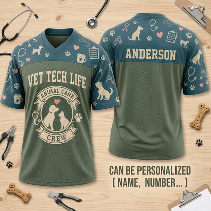 Personalized Vet Tech Life Animal Care Crew Football Jersey - Custom Name Veterinary Professional Gift - football jersey product view 2