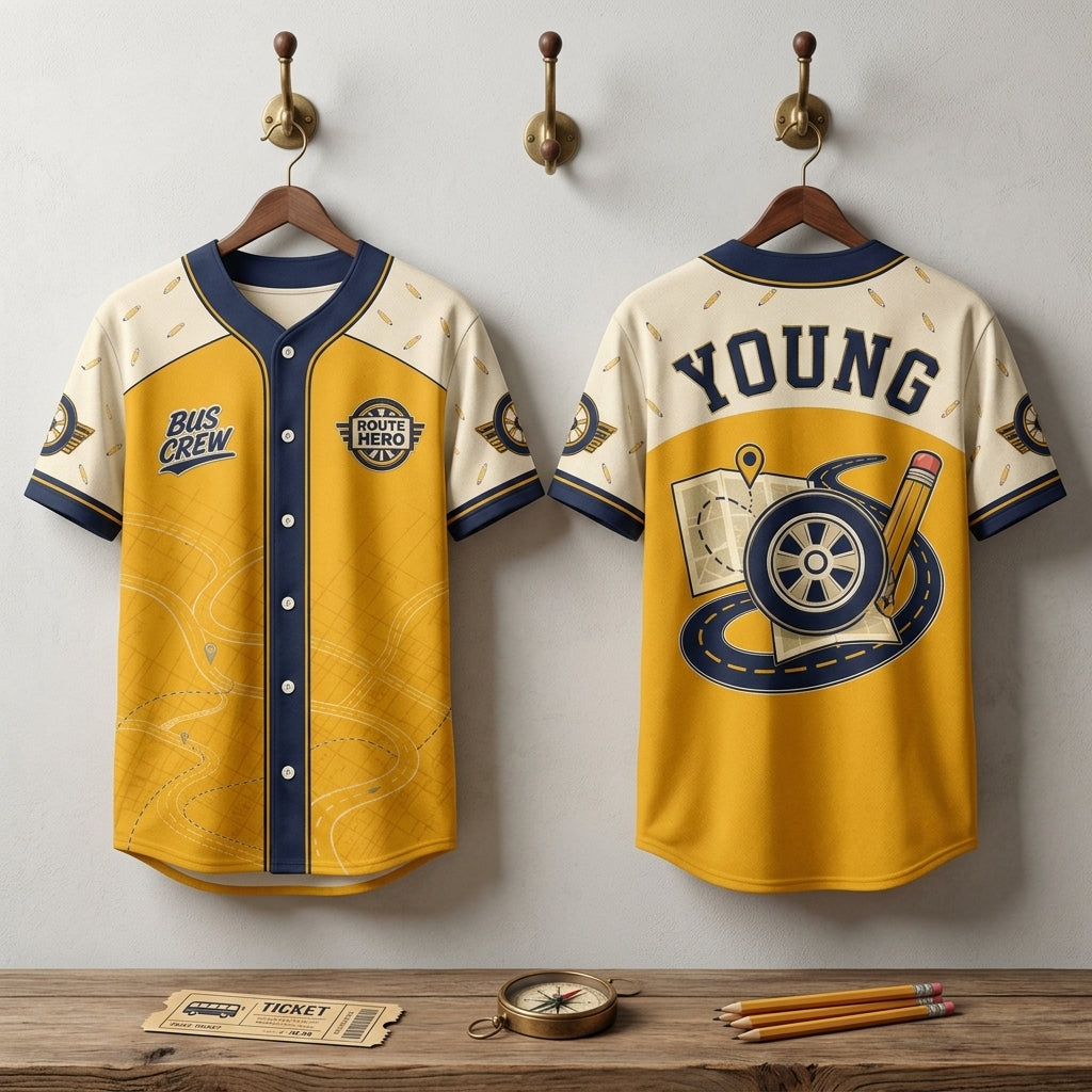 Personalized School Bus Driver Baseball Jersey - Custom Name Bus Crew Route Hero Appreciation Gift