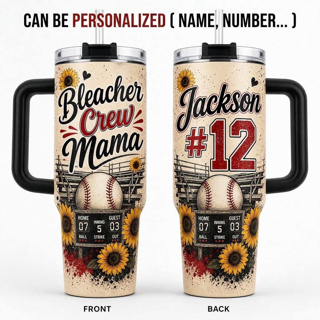 Personalized Bleacher Crew Mama 40oz Tumbler with Handle, Custom Baseball Mom Gift with Name and Number