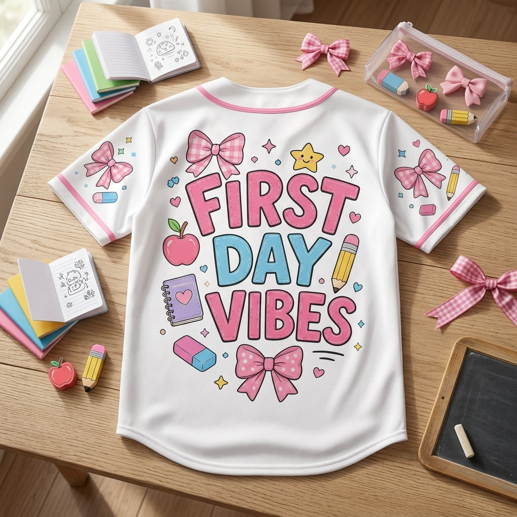 Personalized First Day Vibes Baseball Jersey - Custom Kindergarten Back to School Shirt - Pink Bow Coquette Outfit