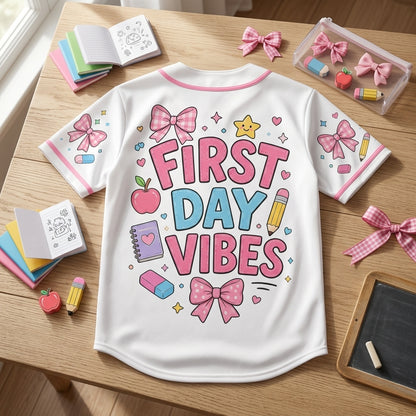 Personalized First Day Vibes Baseball Jersey - Custom Kindergarten Back to School Shirt - Pink Bow Coquette Outfit