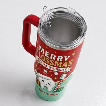 Personalized Merry Flossmas Dental Hygienist 40oz Tumbler with Handle - Custom Name Dentist Christmas Gift