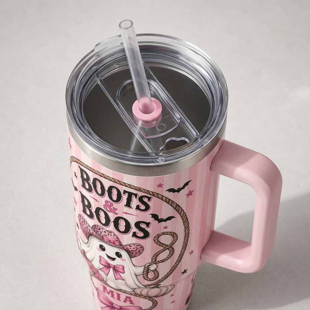 Personalized Boots & Boos Pink Western Halloween 40oz Tumbler with Handle, Custom Name Cowgirl Ghost Gift