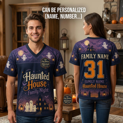 Personalized Haunted House Family Night Football Jersey - Custom Family Name and Number Halloween Mesh Shirt