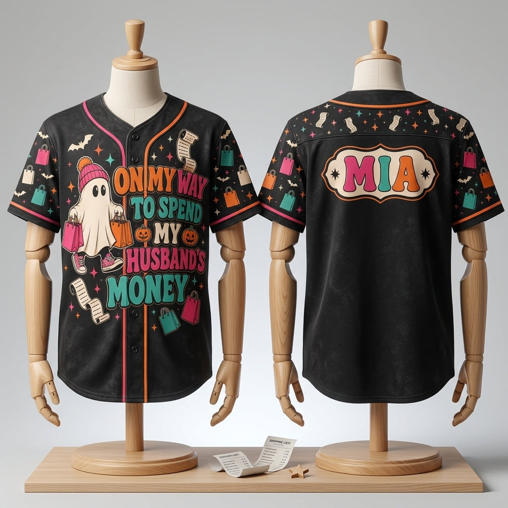 Personalized Halloween Ghost Baseball Jersey - On My Way To Spend My Husband's Money - Custom Name Shopping Shirt