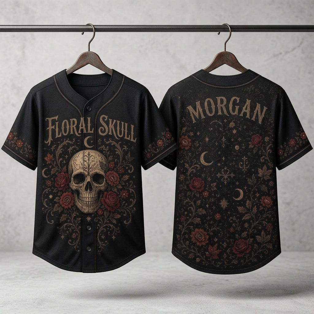 Personalized Gothic Floral Skull Baseball Jersey - Custom Name Dark Aesthetic Roses & Moon Sporty Button Down