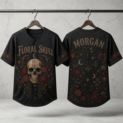 Personalized Gothic Floral Skull Baseball Jersey - Custom Name Dark Aesthetic Roses & Moon Sporty Button Down
