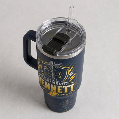 Personalized Lineman 40oz Tumbler with Handle, Custom Grid Hero Gift for Electrical Workers
