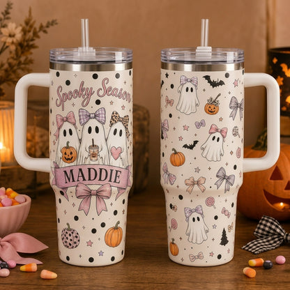 Personalized Spooky Season 40oz Tumbler with Handle - Cute Coquette Ghost & Pumpkin Custom Name Gift