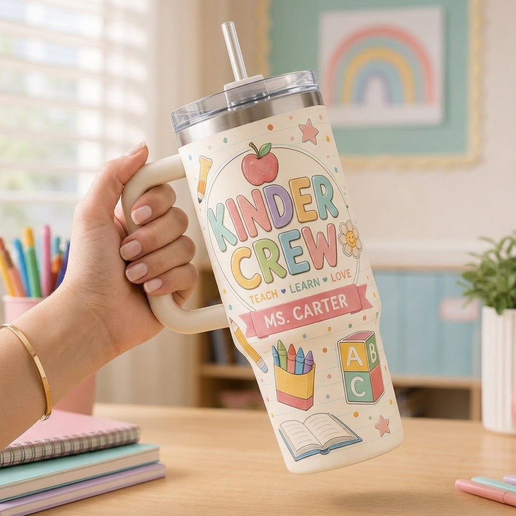 Personalized Kinder Crew 40oz Tumbler with Handle - Custom Kindergarten Teacher Name Gift