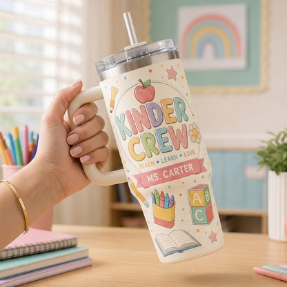 Personalized Kinder Crew 40oz Tumbler with Handle - Custom Kindergarten Teacher Name Gift