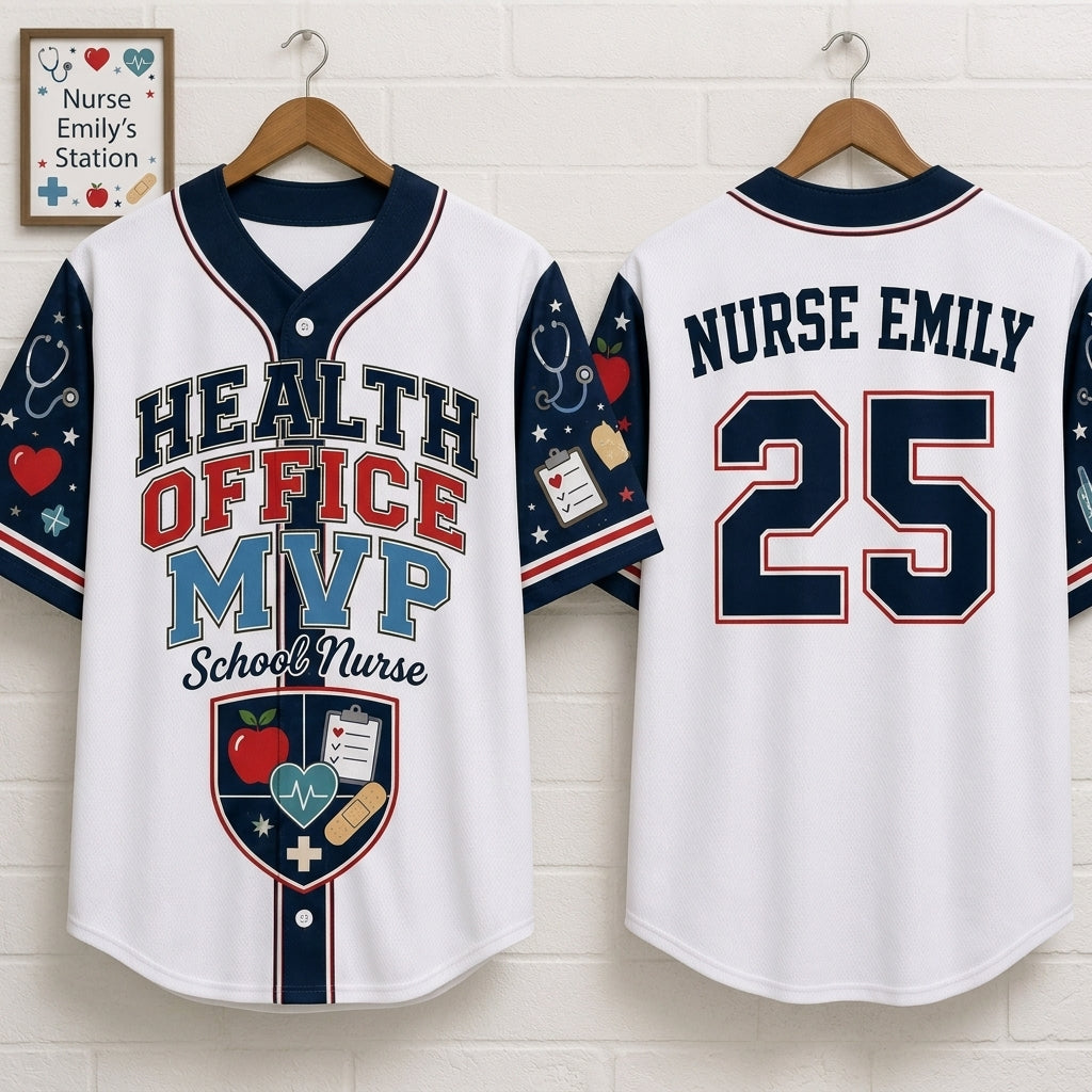 Personalized School Nurse Baseball Jersey - Custom Health Office MVP Shirt - Customizable Name & Number Gift