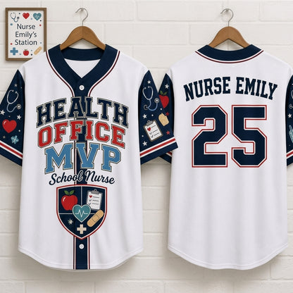 Personalized School Nurse Baseball Jersey - Custom Health Office MVP Shirt - Customizable Name & Number Gift