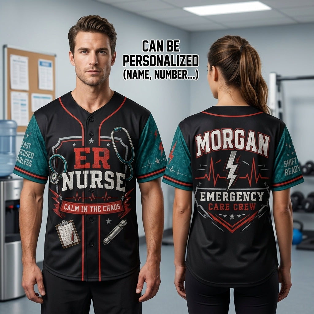 Personalized ER Nurse Baseball Jersey - Custom Name Emergency Care Crew Uniform Gift - Calm In The Chaos