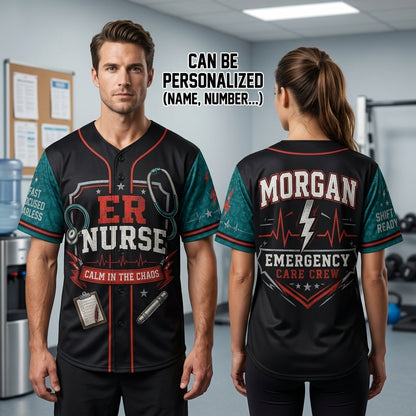Personalized ER Nurse Baseball Jersey - Custom Name Emergency Care Crew Uniform Gift - Calm In The Chaos