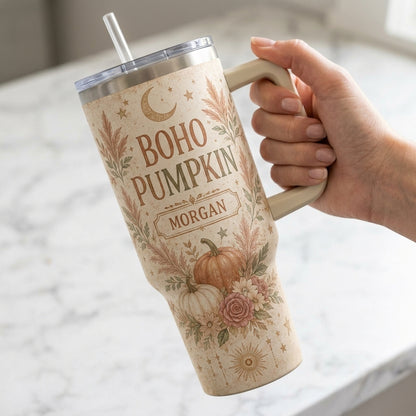 Personalized Boho Pumpkin 40oz Tumbler with Handle - Custom Fall Floral Name Cup