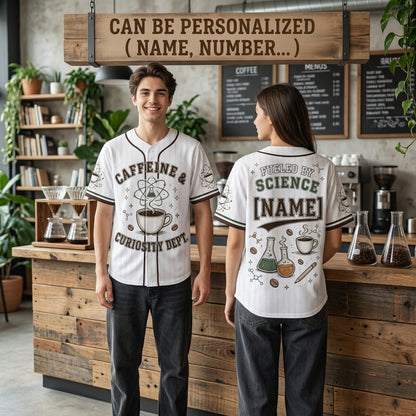 Personalized Science and Coffee Baseball Jersey - Custom Name Fueled By Science Caffeine & Curiosity Dept.