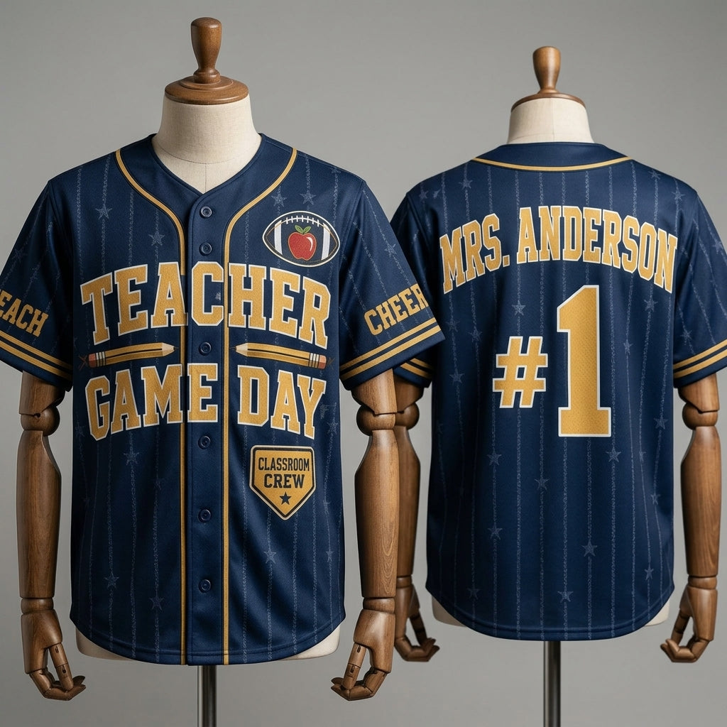 Personalized Teacher Game Day Baseball Jersey - Custom Name and Number School Spirit Shirt
