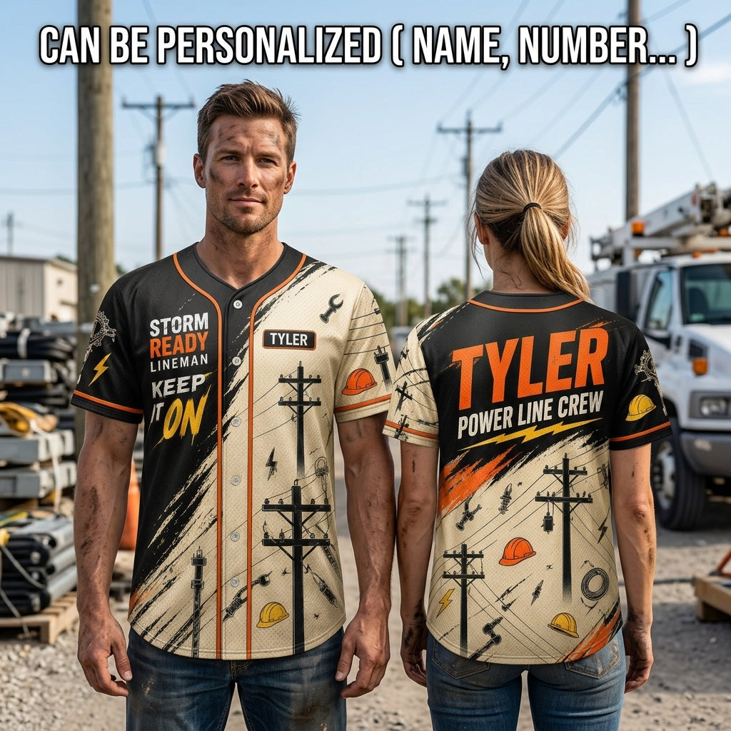 Personalized Lineman Power Line Crew Baseball Jersey - Custom Name Storm Ready Gift for Electrical Workers