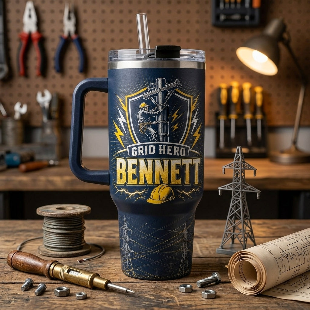 Personalized Lineman 40oz Tumbler with Handle, Custom Grid Hero Gift for Electrical Workers