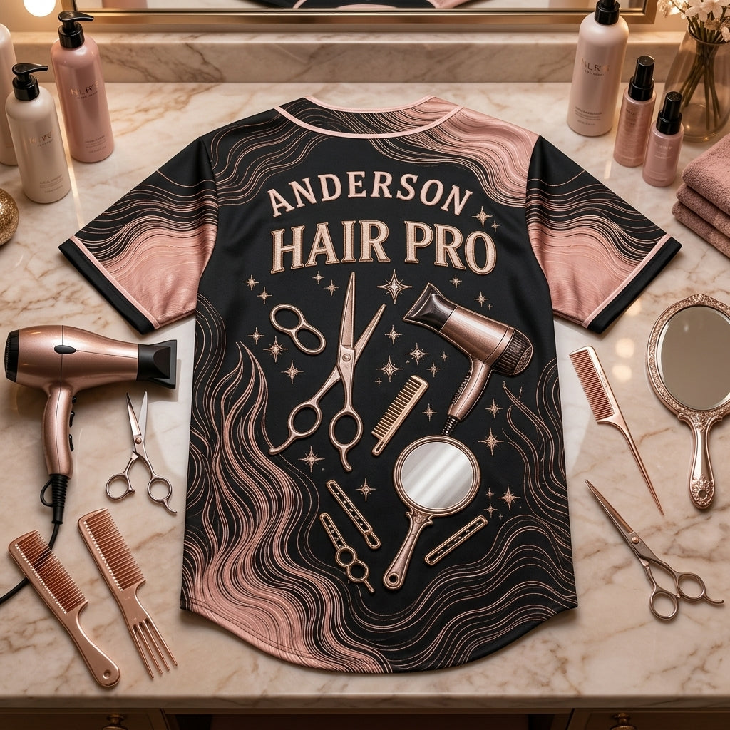 Personalized Hair Stylist Baseball Jersey - Custom Salon Name & Rose Gold Barber Tools Apparel - baseball jersey product view 5