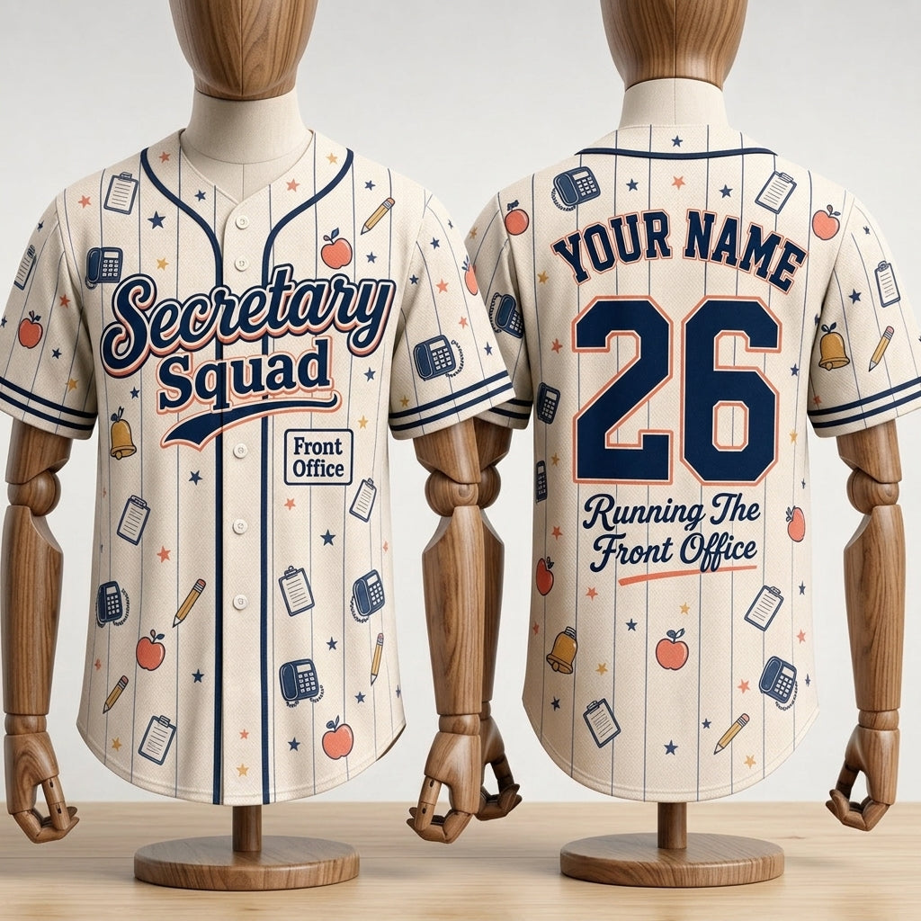 Personalized Secretary Squad Baseball Jersey - Custom Name & Number Front Office School Staff Shirt
