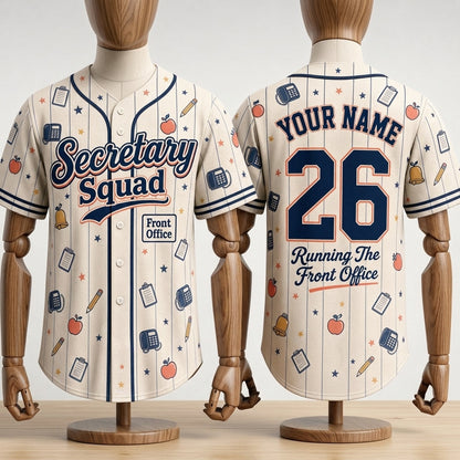 Personalized Secretary Squad Baseball Jersey - Custom Name & Number Front Office School Staff Shirt