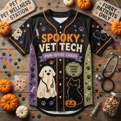 Personalized Spooky Vet Tech Halloween Baseball Jersey - Custom Name Veterinary Assistant Gift