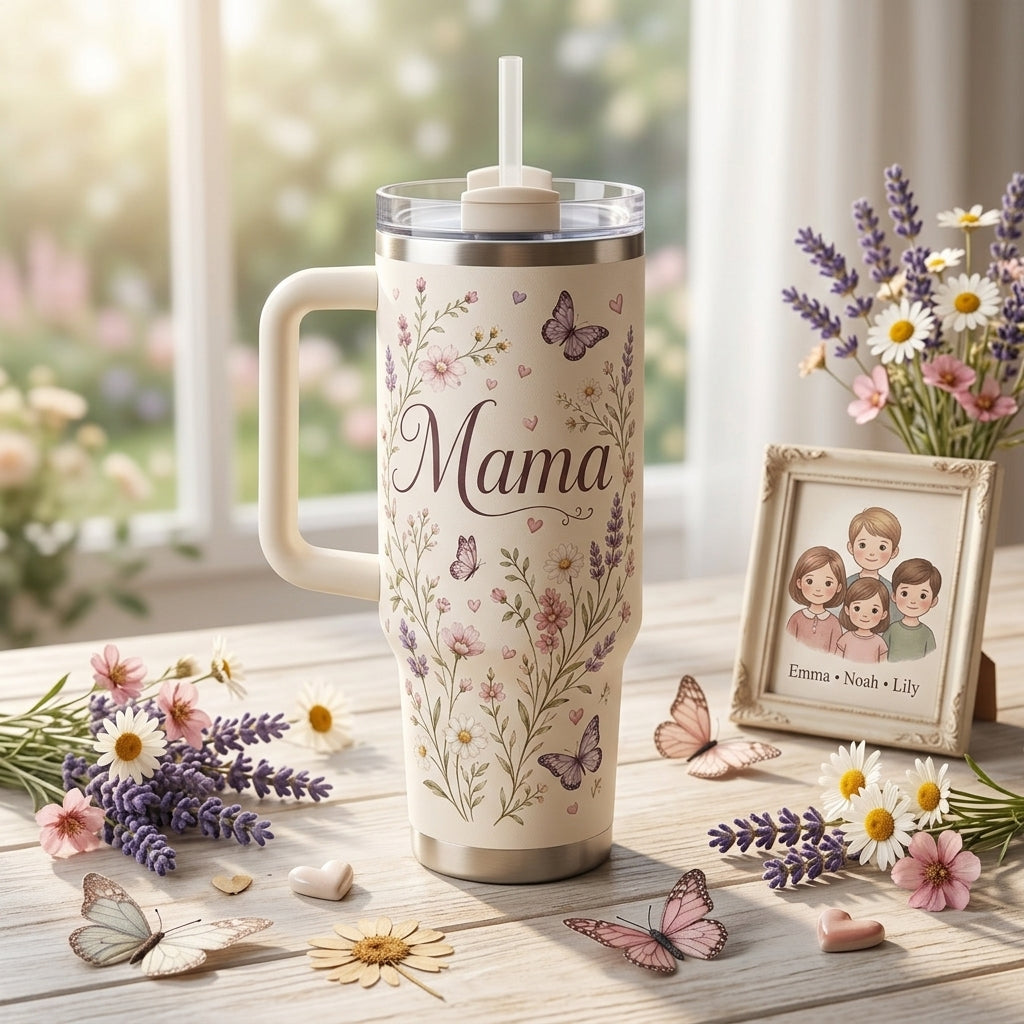 Personalized Mama Floral 40oz Tumbler with Handle - Custom Kids Names & Butterfly Design Gift