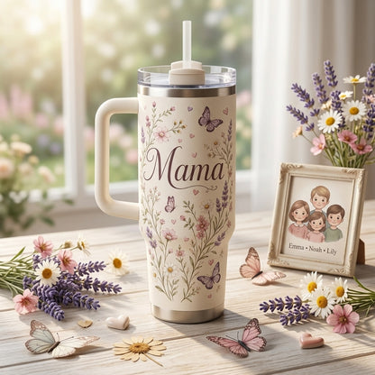 Personalized Mama Floral 40oz Tumbler with Handle - Custom Kids Names & Butterfly Design Gift