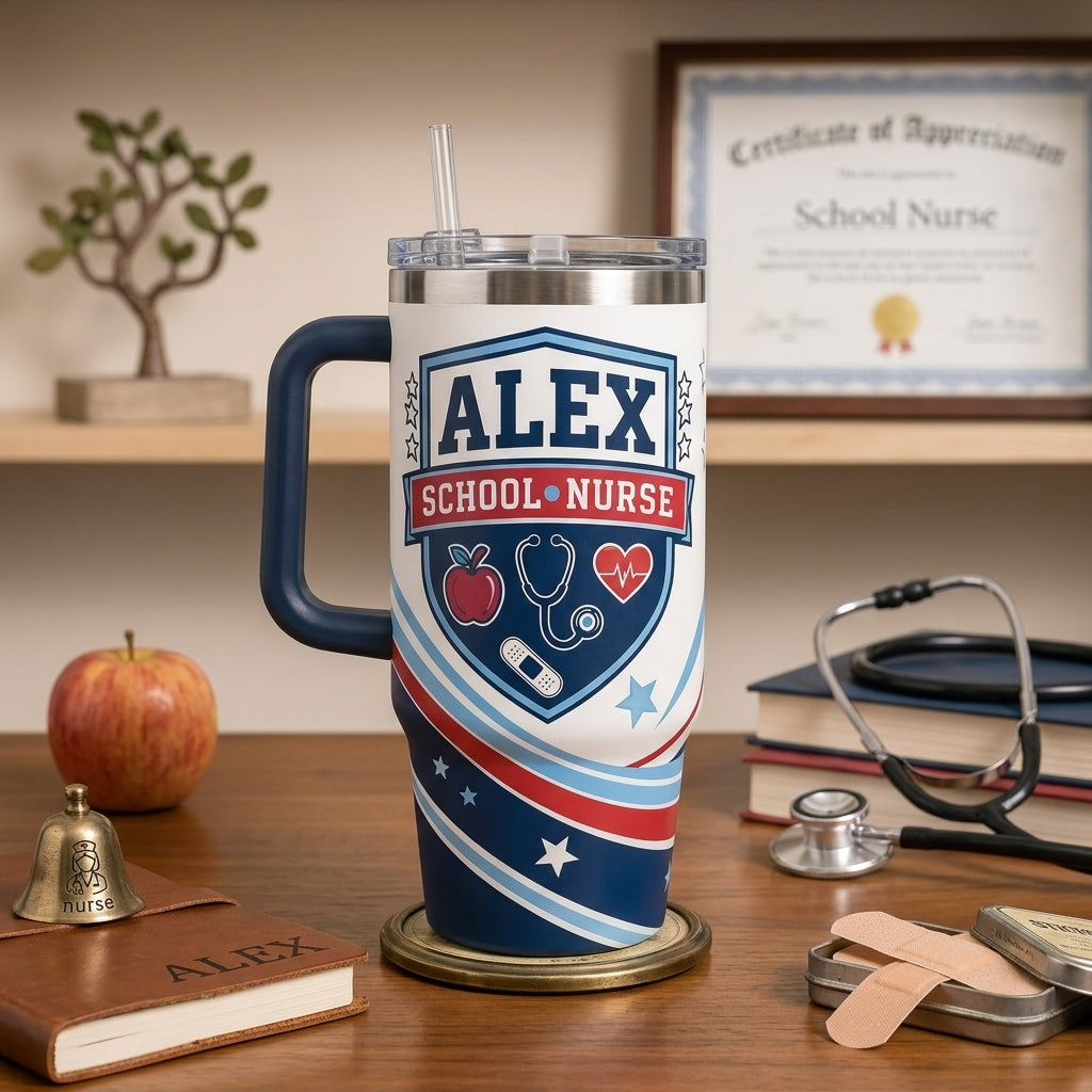 Personalized School Nurse 40oz Tumbler with Handle - Custom Name and Year Gift