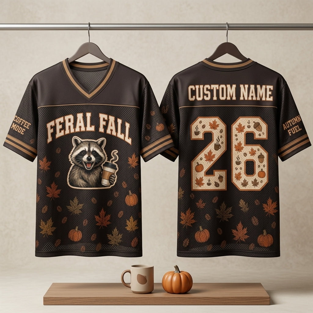 Personalized Feral Fall Raccoon Football Jersey - Custom Name & Coffee Mode Autumn Apparel