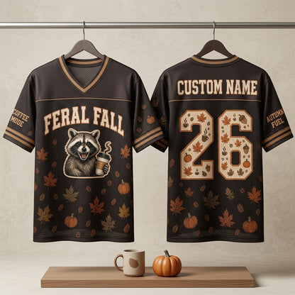 Personalized Feral Fall Raccoon Football Jersey - Custom Name & Coffee Mode Autumn Apparel