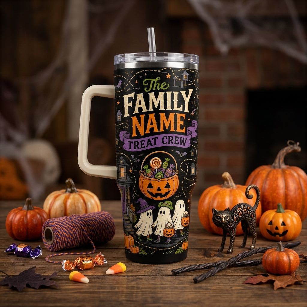 Personalized Halloween Family Name Treat Crew 40oz Tumbler with Handle - Custom Ghost Trick or Treat Gift