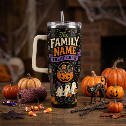 Personalized Halloween Family Name Treat Crew 40oz Tumbler with Handle - Custom Ghost Trick or Treat Gift