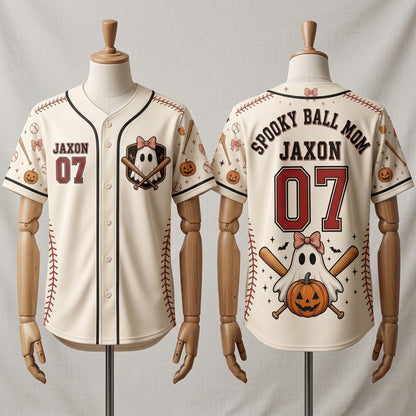 Personalized Spooky Ball Mom Baseball Jersey - Custom Name & Number Halloween Ghost Sports Shirt