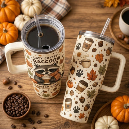 Personalized Cozy Coffee Raccoon 40oz Tumbler with Handle - Custom Fall Autumn Gift