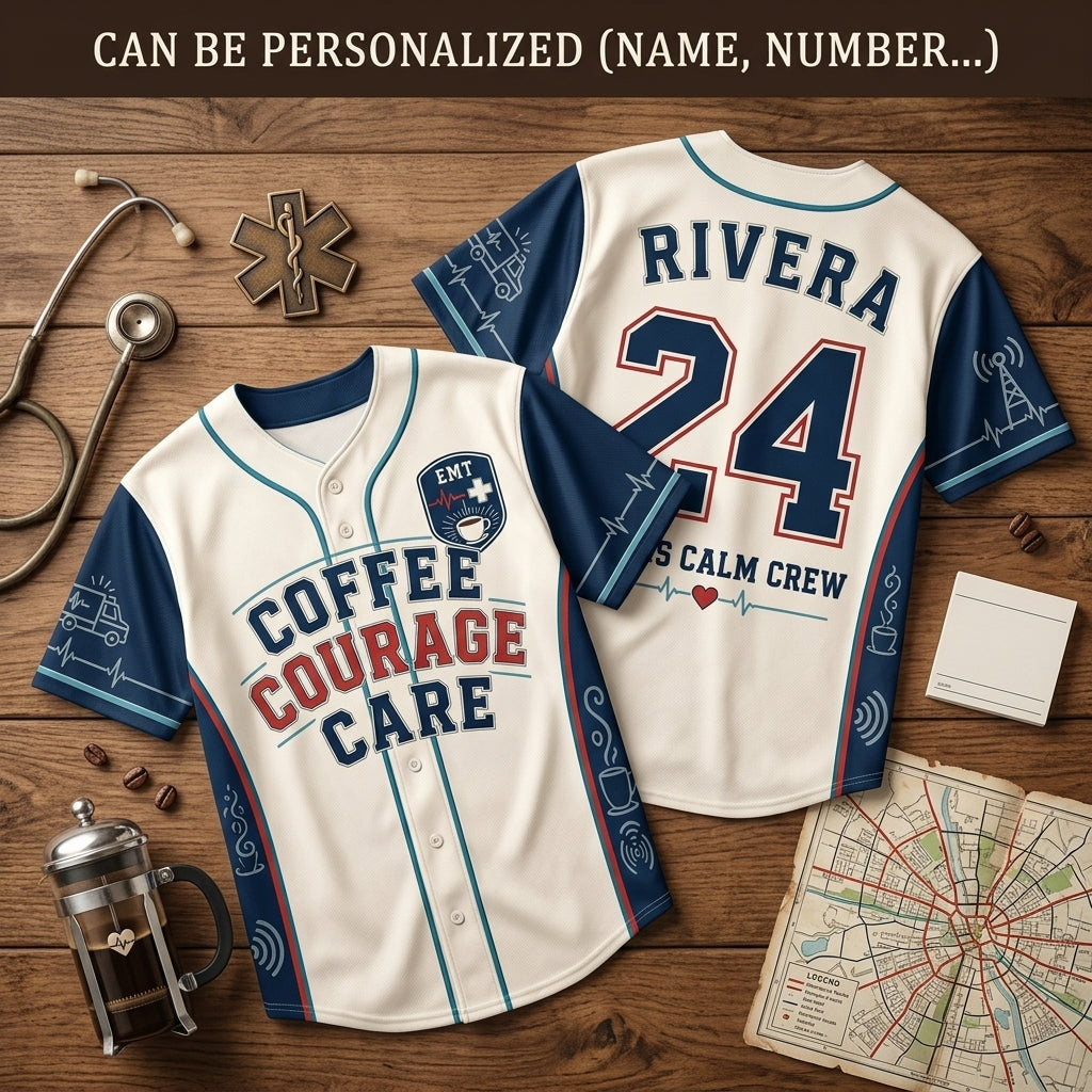 Personalized EMT Baseball Jersey - Custom Name & Number Coffee Courage Care First Responder Gift