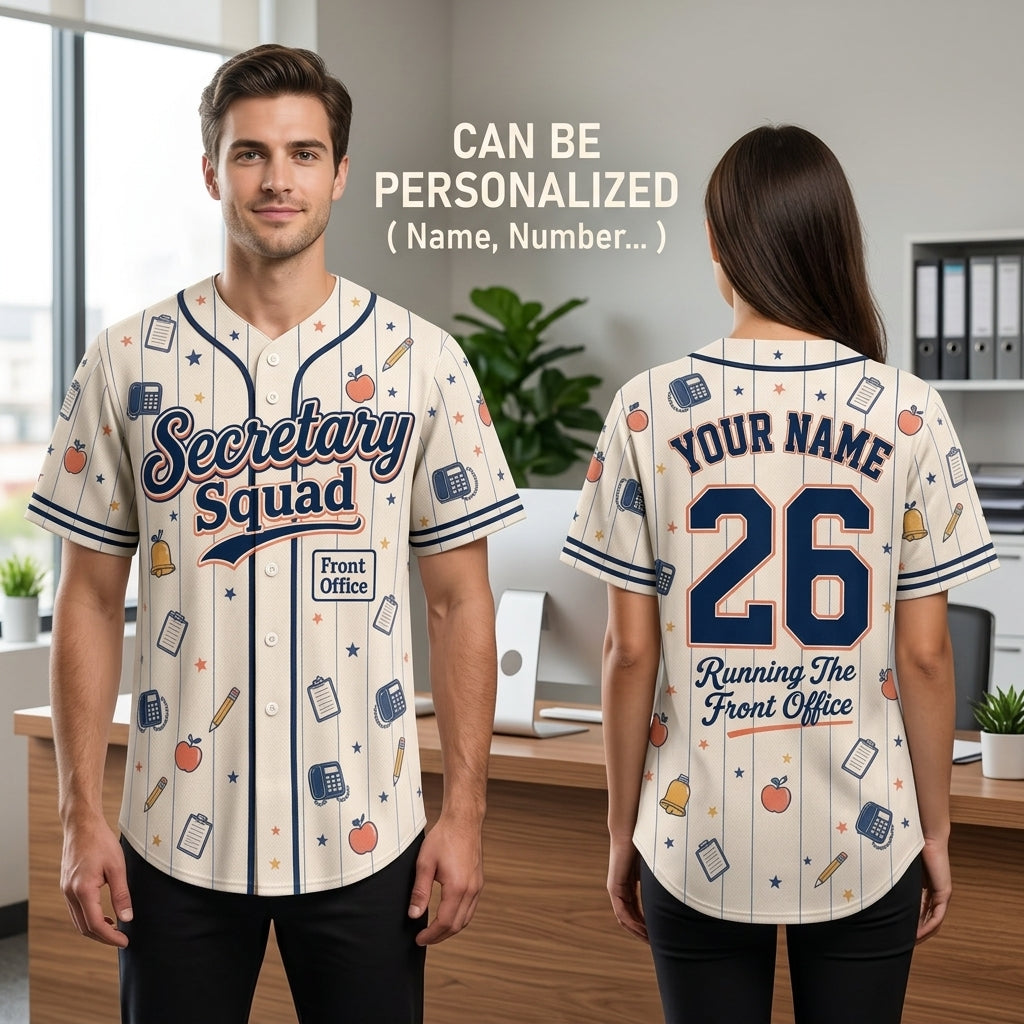 Personalized Secretary Squad Baseball Jersey - Custom Name & Number Front Office School Staff Shirt