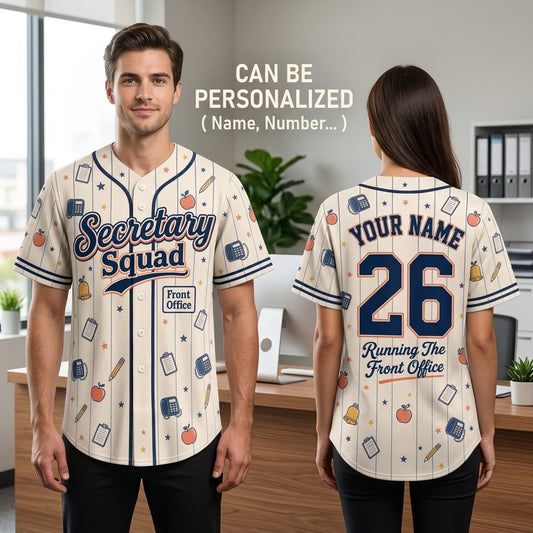 Personalized Secretary Squad Baseball Jersey - Custom Name & Number Front Office School Staff Shirt