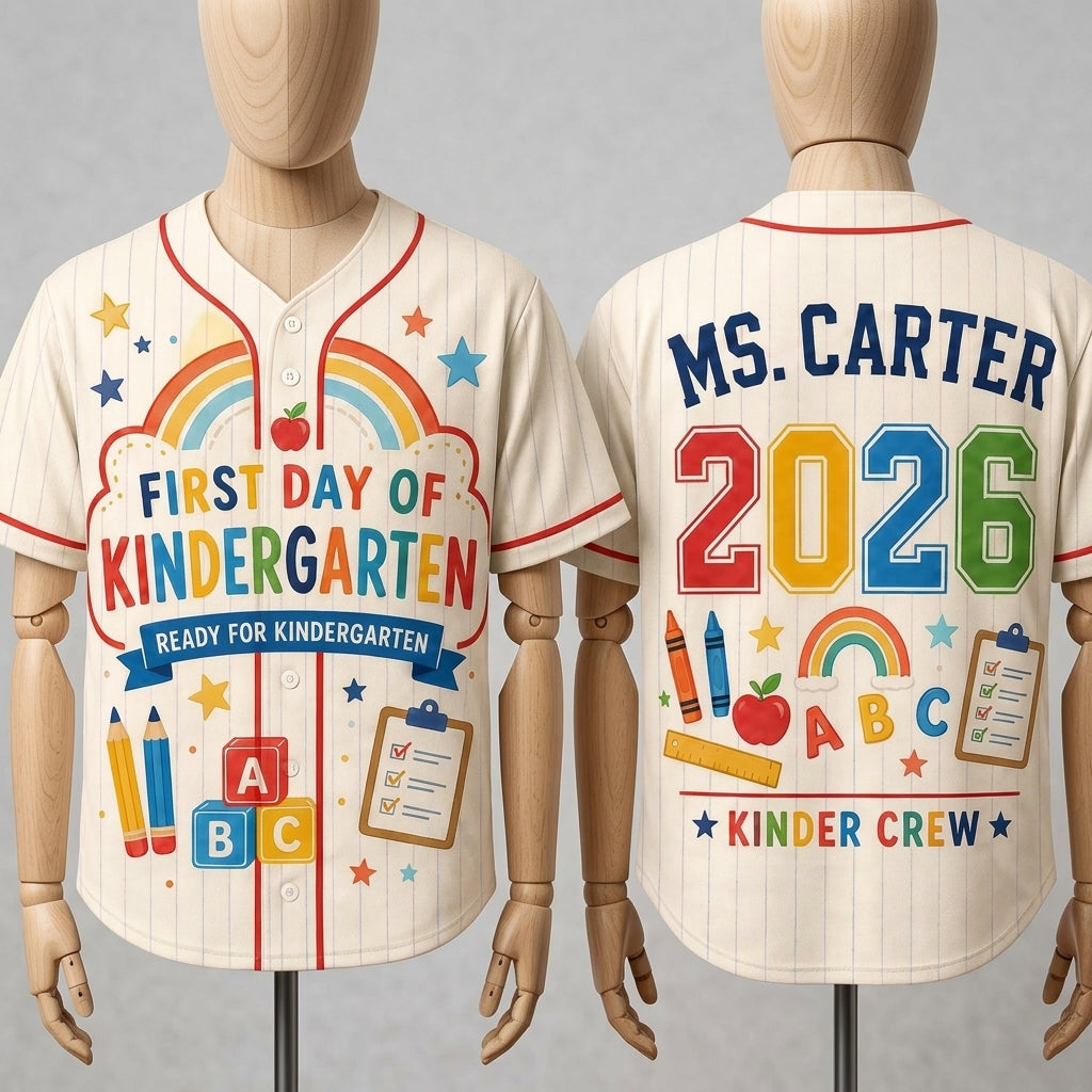 Personalized First Day of Kindergarten Teacher Baseball Jersey - Custom Name & Year Kinder Crew Shirt