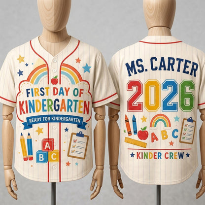 Personalized First Day of Kindergarten Teacher Baseball Jersey - Custom Name & Year Kinder Crew Shirt