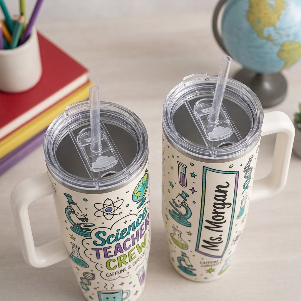 Custom Science Teacher Crew 40oz Tumbler with Handle - Personalized Name STEM Teacher Appreciation Gift