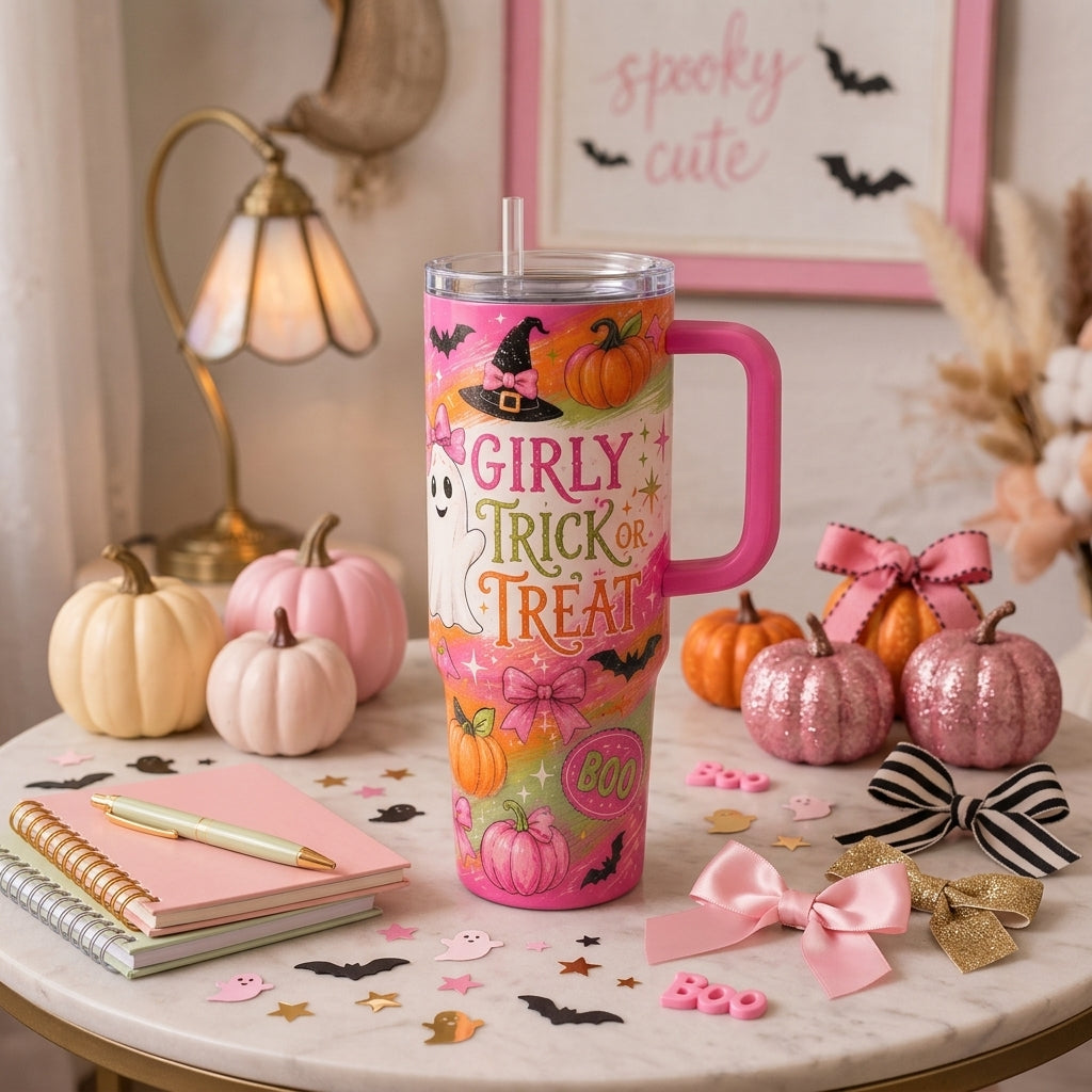 Girly Trick or Treat Halloween 40oz Tumbler with Handle, Pink Coquette Ghost & Pumpkin Water Bottle