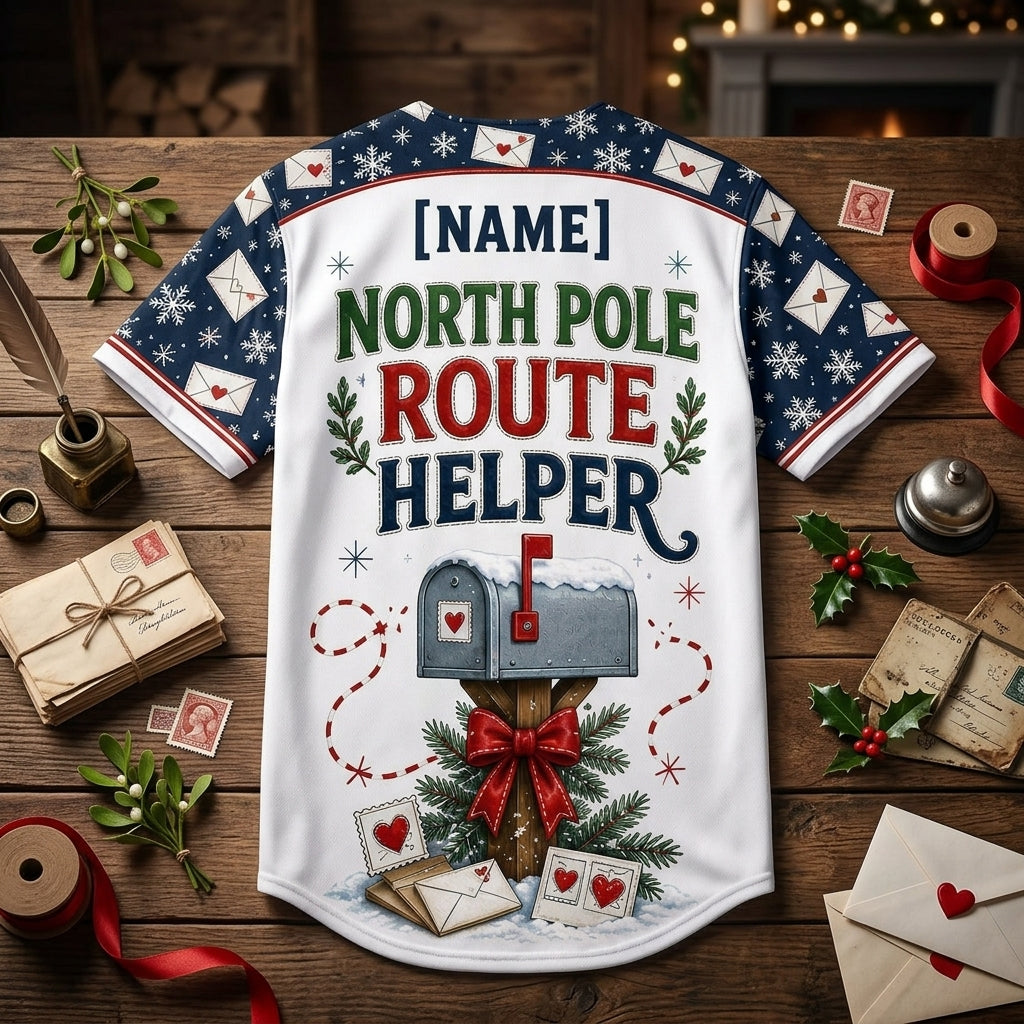 Personalized Mail Carrier Christmas Baseball Jersey - Custom Name North Pole Route Helper Postal Worker Gift