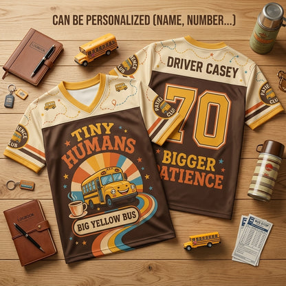 Personalized School Bus Driver Football Jersey - Custom Name & Number Retro Tiny Humans Mesh Shirt