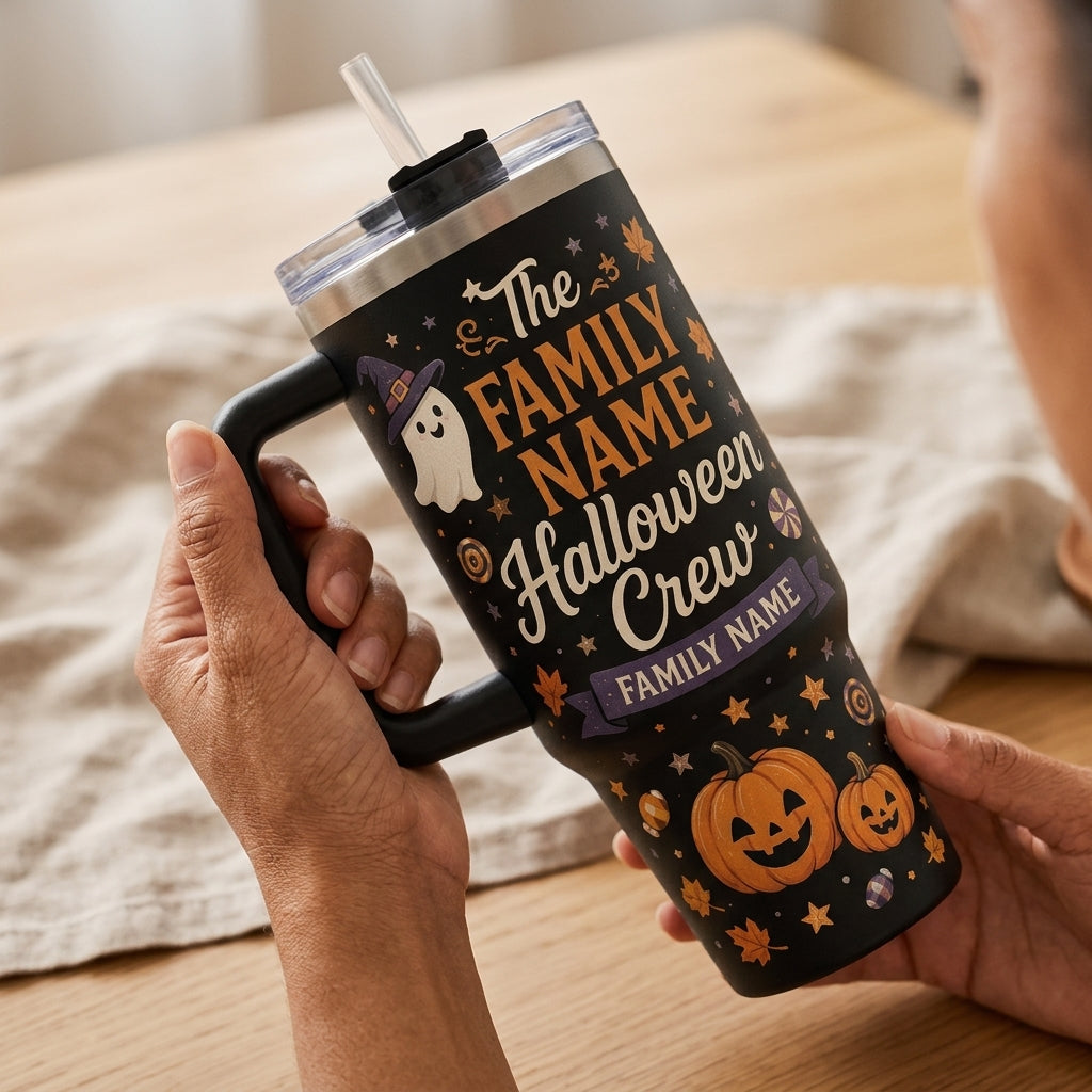 Personalized Halloween Crew 40oz Tumbler with Handle - Custom Family Name Ghost & Pumpkin Insulated Mug