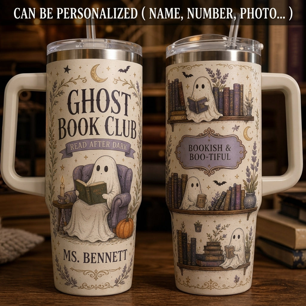 Personalized Ghost Book Club 40oz Tumbler with Handle - Custom Name Gift for Book Lovers and Teachers