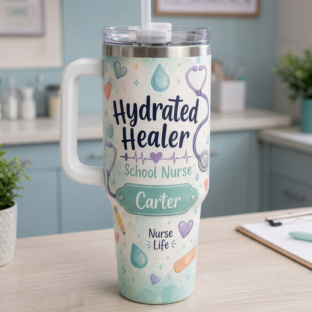 Personalized Hydrated Healer School Nurse 40oz Tumbler with Handle - Custom Name Medical Gift